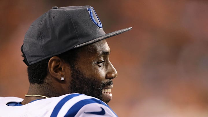 Sep 1, 2016; Cincinnati, OH, USA; Indianapolis Colts defensive back Antonio Cromartie (34) against the Cincinnati Bengals in a preseason NFL football game at Paul Brown Stadium. The Colts won 13-10. Mandatory Credit: Aaron Doster-Imagn Images