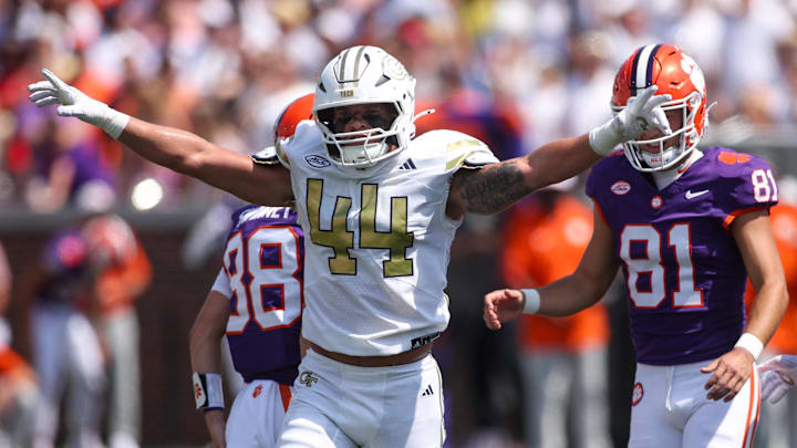Sep 13, 2025; Atlanta, Georgia, USA; Georgia Tech Yellow Jackets linebacker Kyle Efford (44) reacts after a missed field goal by Clemson Tigers place kicker Nolan Hauser (81) in the first quarter at Bobby Dodd Stadium at Hyundai Field. Mandatory Credit: Brett Davis-Imagn Images Sep 13, 2025; Atlanta, Georgia, USA; Georgia Tech Yellow Jackets linebacker Kyle Efford (44) reacts after a missed field goal by Clemson Tigers place kicker Nolan Hauser (81) in the first quarter at Bobby Dodd Stadium at Hyundai Field. Mandatory Credit: Brett Davis-Imagn Images