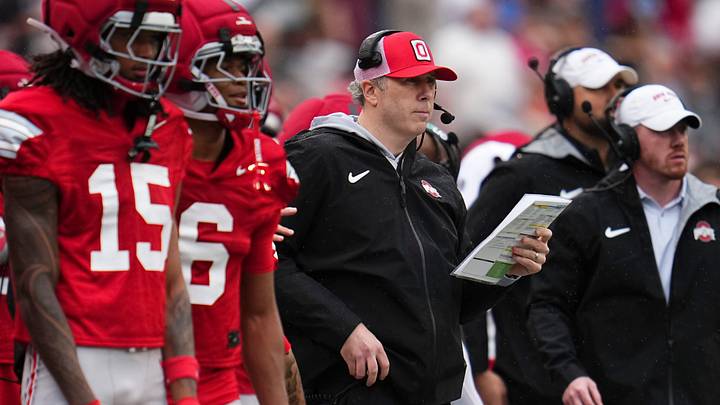 Ohio State Buckeyes offensive coordinator Arthur Smith watches during the Ohio State football spring game at Ohio Stadium in Columbus on April 18, 2026. Ohio State Buckeyes offensive coordinator Arthur Smith watches during the Ohio State football spring game at Ohio Stadium in Columbus on April 18, 2026.