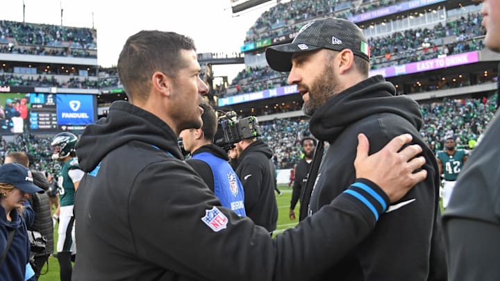 Dec 8, 2024; Philadelphia, Pennsylvania, USA; Carolina Panthers head coach Dave Canales and Philadelphia Eagles head c coach Nick Sirianni meet on the field after game at Lincoln Financial Field. Dec 8, 2024; Philadelphia, Pennsylvania, USA; Carolina Panthers head coach Dave Canales and Philadelphia Eagles head c coach Nick Sirianni meet on the field after game at Lincoln Financial Field.