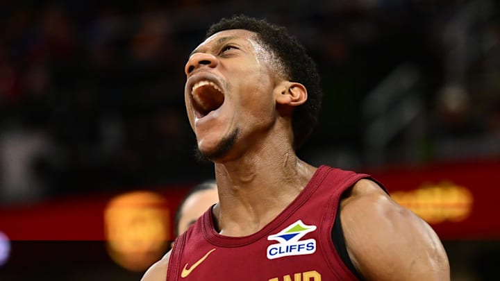 Cleveland Cavaliers forward De'Andre Hunter (12) celebrates after a dunk against the New Orleans Pelicans during the second half at Rocket Arena. 