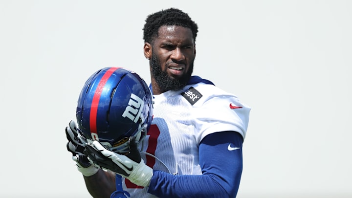 Jul 23, 2025; East Rutherford, NJ, USA; New York Giants linebacker Brian Burns (0) looks on during training camp at Quest Diagnostics Training Center.  