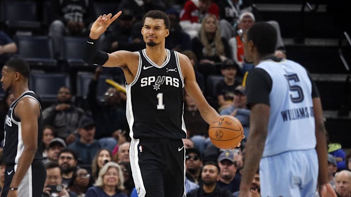 Jan 6, 2026; Memphis, Tennessee, USA; San Antonio Spurs forward Victor Wembanyama (1) reacts during the second quarter against the Memphis Grizzlies at FedExForum. Mandatory Credit: Petre Thomas-Imagn Images