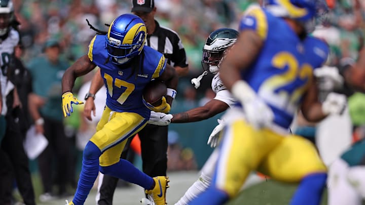 Sep 21, 2025; Philadelphia, Pennsylvania, USA; Los Angeles Rams wide receiver Davante Adams (17) makes a catch against the Philadelphia Eagles during the first half at Lincoln Financial Field. Mandatory Credit: Bill Streicher-Imagn Images Sep 21, 2025; Philadelphia, Pennsylvania, USA; Los Angeles Rams wide receiver Davante Adams (17) makes a catch against the Philadelphia Eagles during the first half at Lincoln Financial Field. Mandatory Credit: Bill Streicher-Imagn Images