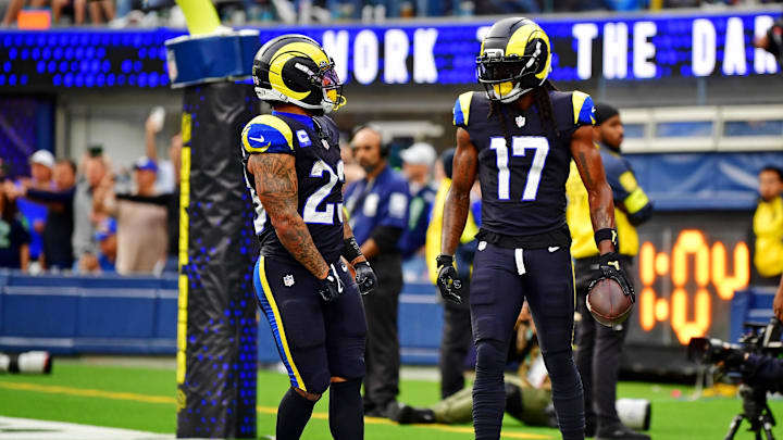 Nov 16, 2025; Inglewood, California, USA; Los Angeles Rams wide receiver Davante Adams (17) celebrates with running back Kyren Williams (23) after scoring a touchdown during the first half against the Seattle Seahawks at SoFi Stadium. Mandatory Credit: Gary A. Vasquez-Imagn Images Nov 16, 2025; Inglewood, California, USA; Los Angeles Rams wide receiver Davante Adams (17) celebrates with running back Kyren Williams (23) after scoring a touchdown during the first half against the Seattle Seahawks at SoFi Stadium. Mandatory Credit: Gary A. Vasquez-Imagn Images