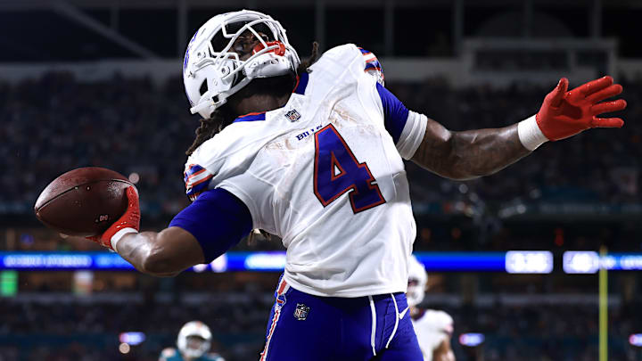 James Cook of the Buffalo Bills celebrates one of his three touchdowns against the Miami Dolphins on Thursday Night Football.