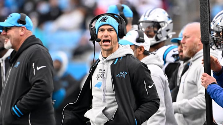 Dec 15, 2024; Charlotte, North Carolina, USA; Carolina Panthers head coach Dave Canales reacts in the fourth quarter at Bank of America Stadium. Mandatory Credit: Bob Donnan-Imagn Images