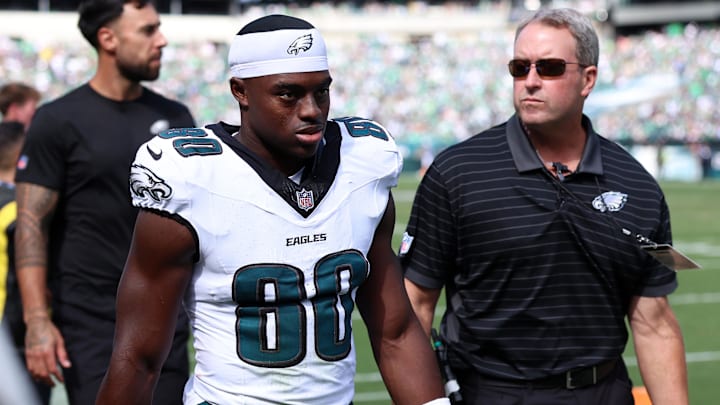 Sep 21, 2025; Philadelphia, Pennsylvania, USA; Philadelphia Eagles wide receiver Darius Cooper (80) walks off the field during the second half at Lincoln Financial Field. 
