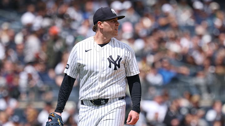 New York Yankees pitcher Ryan Weathers (40) looks back after the top of the the first inning against the Baltimore Orioles at Yankee Stadium.