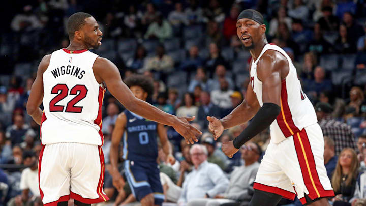 Oct 24, 2025; Memphis, Tennessee, USA; Miami Heat forward Andrew Wiggins (22) reacts with center Bam Adebayo (13) during the second quarter against the Memphis Grizzlies at FedExForum. Mandatory Credit: Petre Thomas-Imagn Images Oct 24, 2025; Memphis, Tennessee, USA; Miami Heat forward Andrew Wiggins (22) reacts with center Bam Adebayo (13) during the second quarter against the Memphis Grizzlies at FedExForum. Mandatory Credit: Petre Thomas-Imagn Images