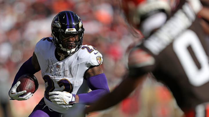 Baltimore Ravens running back Derrick Henry (22) rushes for yards during the second half of an NFL football game at Huntington Bank Field, Sunday, Oct. 27, 2024, in Cleveland, Ohio.