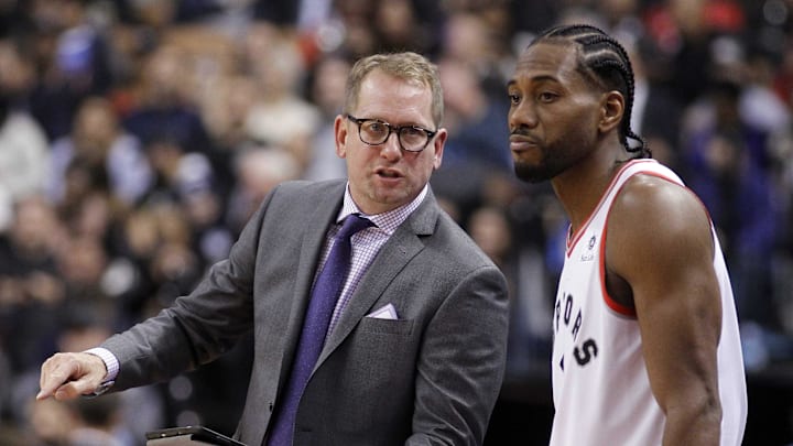 Oct 30, 2018; Toronto, Ontario, CAN; Toronto Raptors head coach Nick Nurse and forward Kawhi Leonard (2) against the Philadelphia 76ers at Scotiabank Arena. 