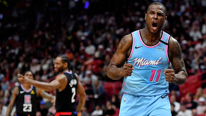 Jan 24, 2020; Miami, Florida, USA; Miami Heat guard Dion Waiters (11) reacts after fouling LA Clippers forward Kawhi Leonard (2) during the second half at American Airlines Arena. Mandatory Credit: Jasen Vinlove-Imagn Images