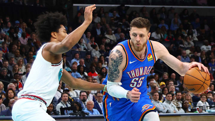 Feb 8, 2025; Memphis, Tennessee, USA; Oklahoma City Thunder center Isaiah Hartenstein (55) drives to the basket as Memphis Grizzlies forward Jaylen Wells (0) defends during the first quarter at FedExForum. Mandatory Credit: Petre Thomas-Imagn Images