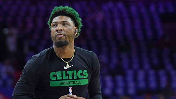 Former Boston Celtics guard Marcus Smart (36) during warm ups against the Boston Celtics before game four of the 2023 NBA playoffs.