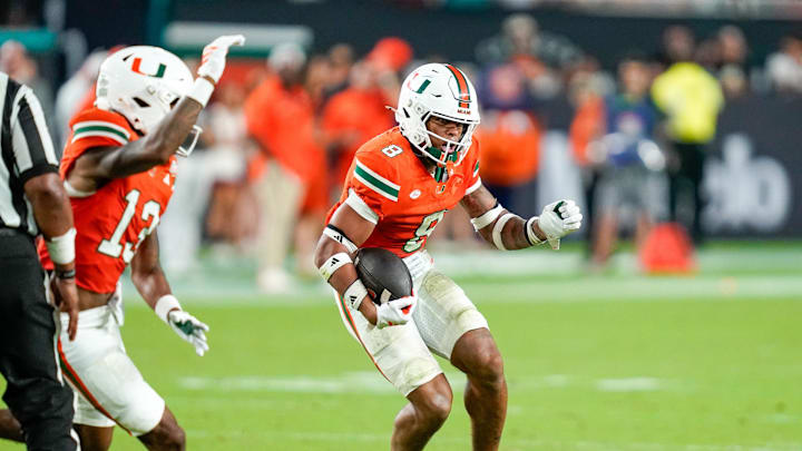 Nov 8, 2025; Miami Gardens, Florida, USA; Miami Hurricanes defensive back Jakobe Thomas (8) returns an interception against the Syracuse Orange during the third quarter at Hard Rock Stadium. Mandatory Credit: Jeff Romance-Imagn Images Nov 8, 2025; Miami Gardens, Florida, USA; Miami Hurricanes defensive back Jakobe Thomas (8) returns an interception against the Syracuse Orange during the third quarter at Hard Rock Stadium. Mandatory Credit: Jeff Romance-Imagn Images