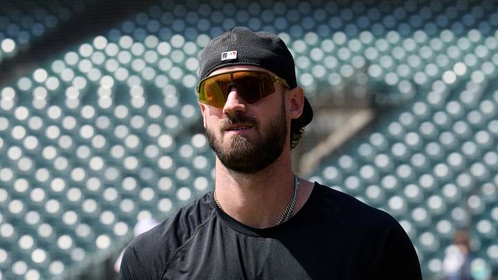 May 24, 2026; San Francisco, California, USA; San Francisco Giants designated hitter Bryce Eldridge (8) looks on before a game against the Chicago White Sox at Oracle Park. Mandatory Credit: Robert Edwards-Imagn Images