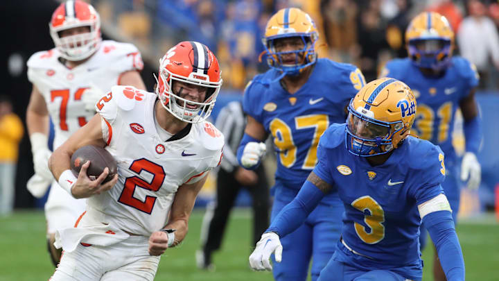 Nov 16, 2024; Pittsburgh, Pennsylvania, USA; Clemson Tigers quarterback Cade Klubnik (2) runs on his way to scoring a game winning fifty-yard touchdown during the fourth quarter to defeat the Pittsburgh Panthers at Acrisure Stadium.
