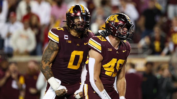 Oct 17, 2025; Minneapolis, Minnesota, USA; Minnesota Golden Gophers linebacker Matt Kingsbury (49) celebrates during the second half against the Nebraska Cornhuskers at Huntington Bank Stadium. Mandatory Credit: Matt Krohn-Imagn Images Oct 17, 2025; Minneapolis, Minnesota, USA; Minnesota Golden Gophers linebacker Matt Kingsbury (49) celebrates during the second half against the Nebraska Cornhuskers at Huntington Bank Stadium. Mandatory Credit: Matt Krohn-Imagn Images