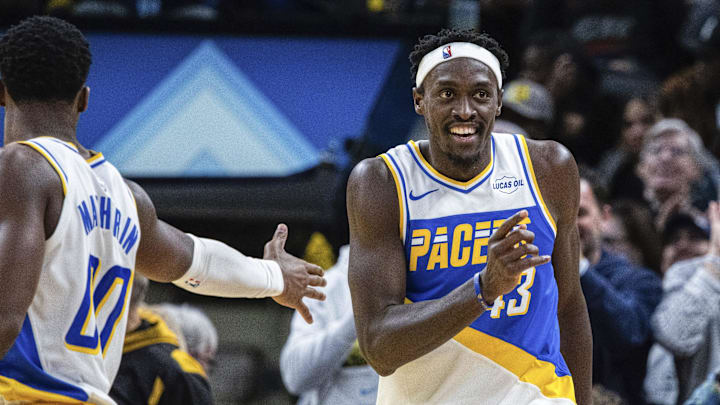 Dec 8, 2025; Indianapolis, Indiana, USA; Indiana Pacers forward Pascal Siakam (43)celebrates a made basket  in the second half against the Sacramento Kings at Gainbridge Fieldhouse. Mandatory Credit: Trevor Ruszkowski-Imagn Images