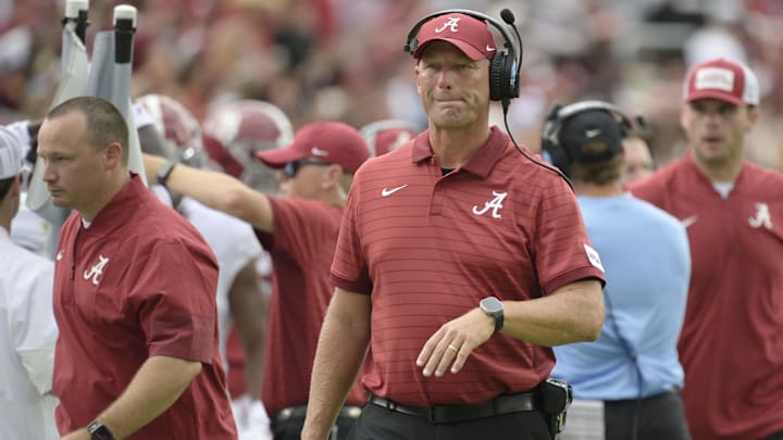 Aug 30, 2025; Tallahassee, Florida, USA; Alabama Crimson Tide head coach Kalen DeBoer looks on against the Florida State Seminoles during the second half at Doak S. Campbell Stadium. 