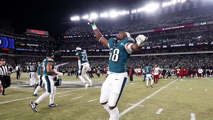 Jan 26, 2025; Philadelphia, PA, USA; Philadelphia Eagles linebacker Jalyx Hunt (58) runs onto the field with teammates in celebration of winning the NFC Championship game against the Washington Commanders at Lincoln Financial Field. Mandatory Credit: Bill Streicher-Imagn Images
