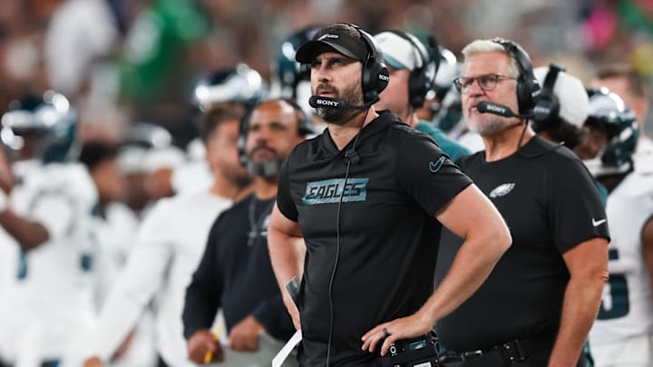 Aug 22, 2025; East Rutherford, New Jersey, USA; Philadelphia Eagles head coach Nick Sirianni looks on during the second half against the New York Jets at MetLife Stadium. Mandatory Credit: Vincent Carchietta-Imagn Images Aug 22, 2025; East Rutherford, New Jersey, USA; Philadelphia Eagles head coach Nick Sirianni looks on during the second half against the New York Jets at MetLife Stadium. Mandatory Credit: Vincent Carchietta-Imagn Images