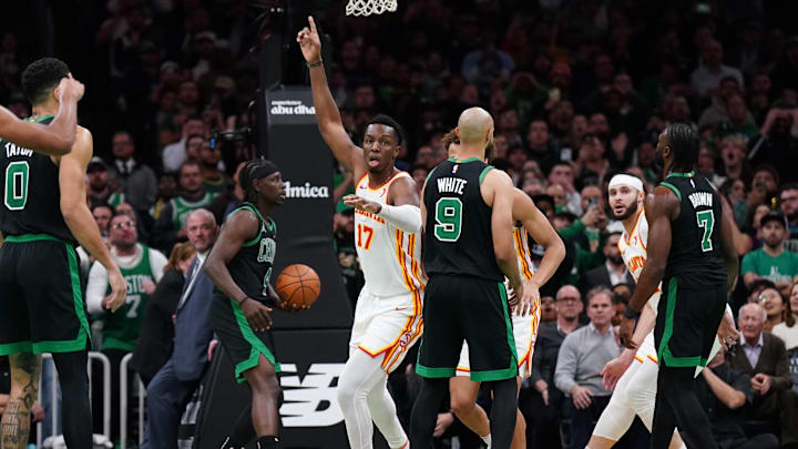 Nov 12, 2024; Boston, Massachusetts, USA; Atlanta Hawks forward Onyeka Okongwu (17) reacts after his basket to put the Hawks in the lead against the Boston Celtics in the fourth quarter at TD Garden. Mandatory Credit: David Butler II-Imagn Images