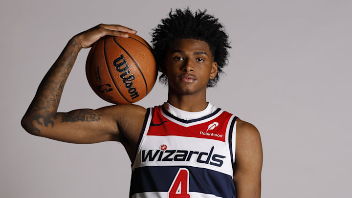 Sep 29, 2025; Washington, DC, USA; Washington Wizards guard AJ Johnson (4) poses for a portrait during Wizards Media Day at CareFirst Arena.  Mandatory Credit: Geoff Burke-Imagn Images