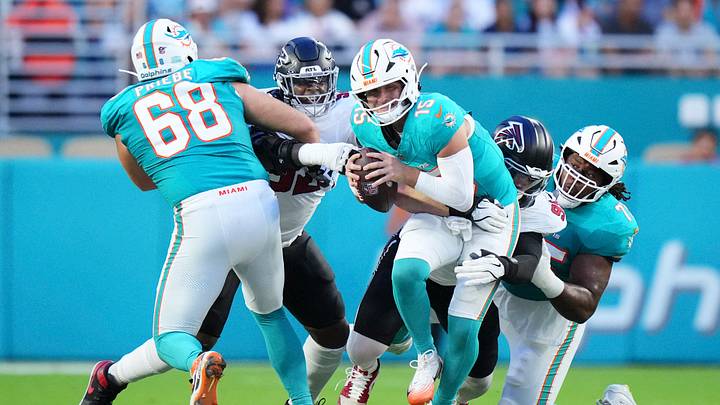 Aug 28, 2026; Miami Gardens, Florida, USA;  Atlanta Falcons defensive lineman Cameron Thomas (99) sacks Miami Dolphins quarterback Cam Miller (15) first quarter of a pre season game at Hard Rock Stadium.  Mandatory Credit: Rich Storry-Imagn Images
