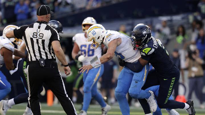 Oct 4, 2026; Seattle, Washington, USA; Seattle Seahawks safety Nick Emmanwori (3) sacks Los Angeles Chargers quarterback Justin Herbert (10) during the second half at Lumen Field. Mandatory Credit: Joe Nicholson-Imagn Images Oct 4, 2026; Seattle, Washington, USA; Seattle Seahawks safety Nick Emmanwori (3) sacks Los Angeles Chargers quarterback Justin Herbert (10) during the second half at Lumen Field. Mandatory Credit: Joe Nicholson-Imagn Images