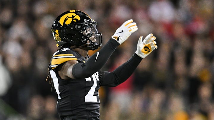 Nov 2, 2024; Iowa City, Iowa, USA; Iowa Hawkeyes defensive back Jermari Harris (27) reacts against the Wisconsin Badgers during the second quarter at Kinnick Stadium. Mandatory Credit: Jeffrey Becker-Imagn Images