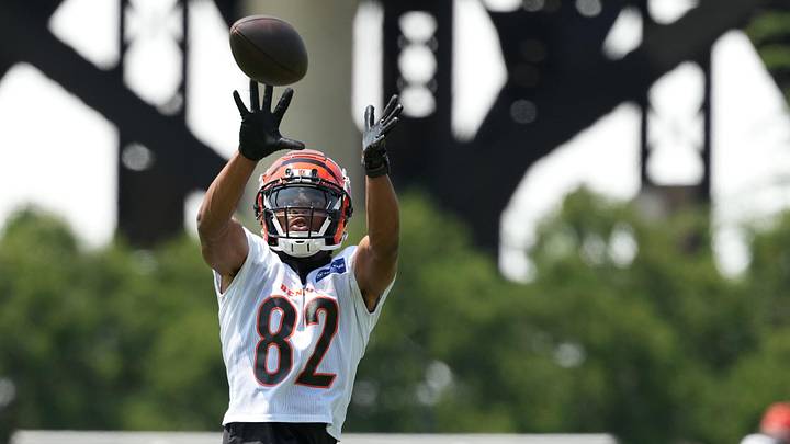 Jun 10, 2025; Cincinnati, OH, USA; Cincinnati Bengals wide receiver Mitchell Tinsley (82) completes a catch during practice at Paycor Stadium. Mandatory Credit: Kareem Elgazzar-Imagn Images