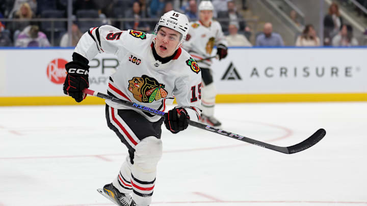 Mar 24, 2026; Elmont, New York, USA; Chicago Blackhawks center Anton Frondell (15) skates against the New York Islanders during the first period at UBS Arena. Mandatory Credit: Brad Penner-Imagn Images