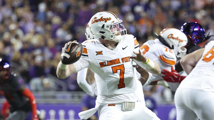 Nov 9, 2024; Fort Worth, Texas, USA;  Oklahoma State Cowboys quarterback Alan Bowman (7) throws during the first half against the TCU Horned Frogs at Amon G. Carter Stadium. Mandatory Credit: Kevin Jairaj-Imagn Images