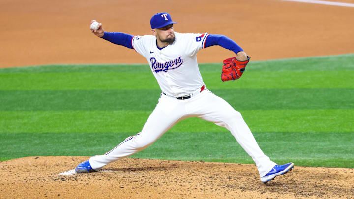 Jul 24, 2024; Arlington, Texas, USA; Texas Rangers starting pitcher Nathan Eovaldi (17) throws during the fourth inning against the Chicago White Sox at Globe Life Field. Mandatory Credit: Kevin Jairaj-Imagn Images