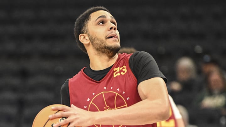 Mar 17, 2022; Milwaukee, WI, USA; Iowa State Cyclones guard Tristan Enaruna (23) warms up during practice before the first round of the 2022 NCAA Tournament at Fiserv Forum. Mandatory Credit: Benny Sieu-Imagn Images