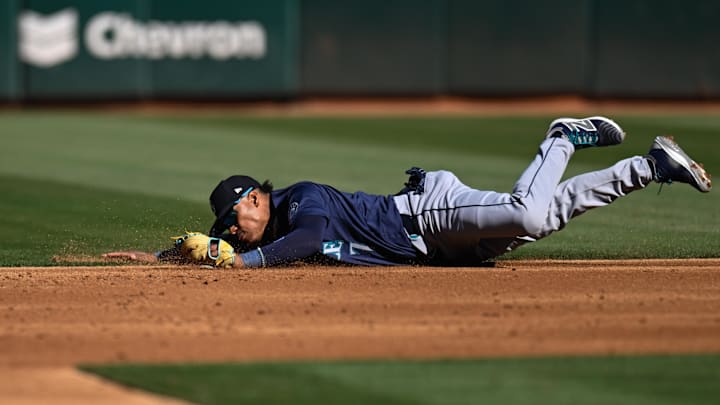 Seattle Mariners second base Jorge Polanco (7) catches a ground ball hit by the Oakland Athletics in the second inning at Oakland-Alameda County Coliseum in 2024. Seattle Mariners second base Jorge Polanco (7) catches a ground ball hit by the Oakland Athletics in the second inning at Oakland-Alameda County Coliseum in 2024.