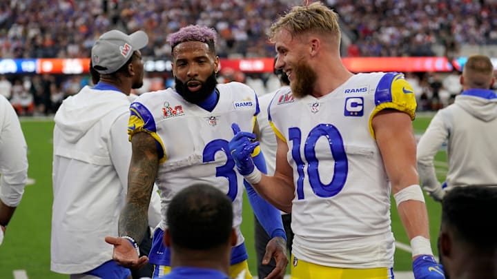 Los Angeles Rams wide receiver Odell Beckham Jr. (3) and wide receiver Cooper Kupp (10) laugh on the sidelines the second quarter of Super Bowl 56 between the Cincinnati Bengals and the Los Angeles Rams at SoFi Stadium in Inglewood, Calif., on Sunday, Feb. 13, 2022. The Rams came back in the final minutes of the game to win 23-20 on their home field.

Super Bowl 56 Cincinnati Bengals Vs La Rams