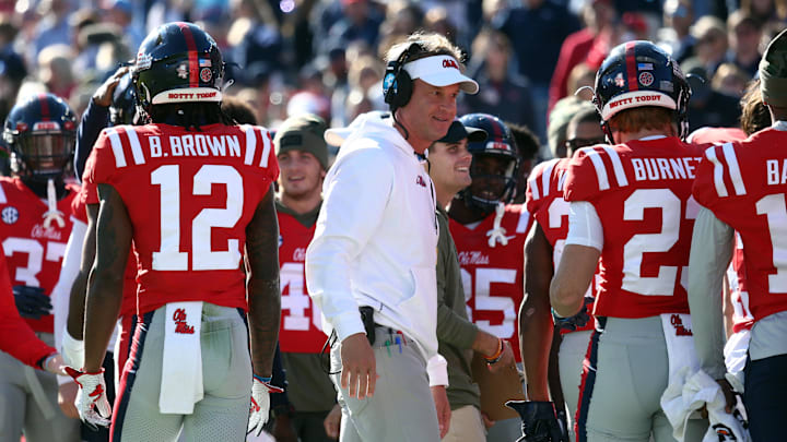 Nov 18, 2023; Oxford, Mississippi, USA; Mississippi Rebels head coach Lane Kiffin reacts after a