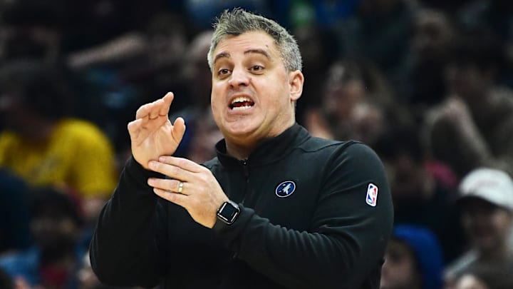 Mar 8, 2024; Cleveland, Ohio, USA;  Minnesota Timberwolves assistant coach Micah Nori reacts during the first half against the Cleveland Cavaliers at Rocket Mortgage FieldHouse. Mandatory Credit: Ken Blaze-Imagn Images