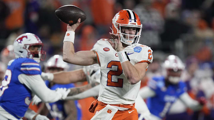 Dec 7, 2024; Charlotte, NC, USA; Clemson Tigers quarterback Cade Klubnik (2) throws during the third quarter against the Southern Methodist Mustangs in the 2024 ACC Championship game at Bank of America Stadium. Mandatory Credit: Jim Dedmon-Imagn Images