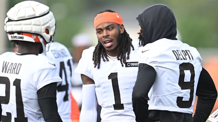 Jul 26, 2025; Berea, OH, USA; Cleveland Browns cornerback Martin Emerson Jr. (1) talks to cornerback Denzel Ward (21) and safety Grant Delpit (9) during training camp at CrossCountry Mortgage Campus. Mandatory Credit: Ken Blaze-Imagn Images