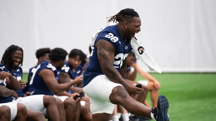 Penn State defensive tackle Zane Durant (28) laughs during football media day in Holuba Hall on Saturday, August 2, 2025, in State College. Penn State defensive tackle Zane Durant (28) laughs during football media day in Holuba Hall on Saturday, August 2, 2025, in State College.