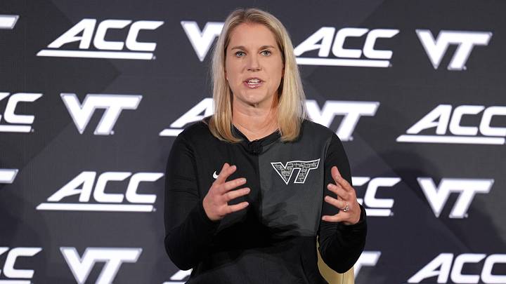 Oct 6, 2026; Charlotte, NC, USA;  Virginia Tech Hokies  head coach Megan Duffy answers questions from the media during the ACC Basketball Tip-Off in Charlotte, NC.  Mandatory Credit: Jim Dedmon-Imagn Images
