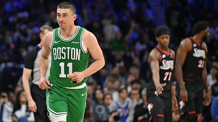 Apr 26, 2026; Philadelphia, Pennsylvania, USA; Boston Celtics guard Payton Pritchard (11) reacts after making a three point basket against the Philadelphia 76ers during the second half at Xfinity Mobile Arena. Mandatory Credit: Eric Hartline-Imagn Images