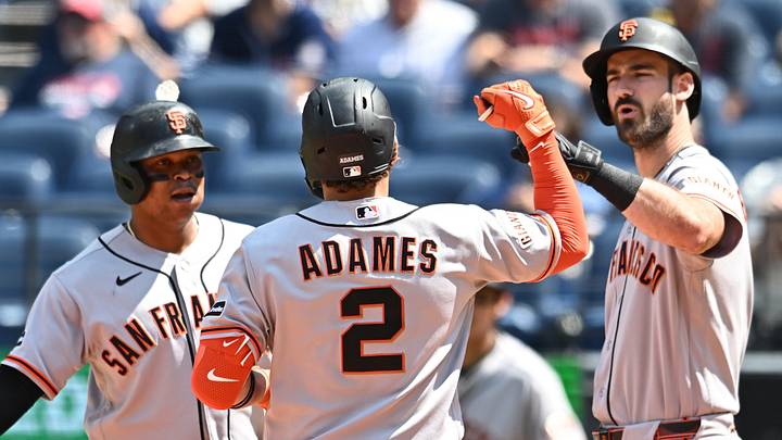 San Francisco Giants shortstop Willy Adames (2) celebrates with designated hitter Rafael Devers (16) and first baseman Bryce Eldridge (8) after hitting a home run during the fourth inning against the Cleveland Guardians at Progressive Field. Mandatory Credit: Ken Blaze-Imagn Images San Francisco Giants shortstop Willy Adames (2) celebrates with designated hitter Rafael Devers (16) and first baseman Bryce Eldridge (8) after hitting a home run during the fourth inning against the Cleveland Guardians at Progressive Field. Mandatory Credit: Ken Blaze-Imagn Images