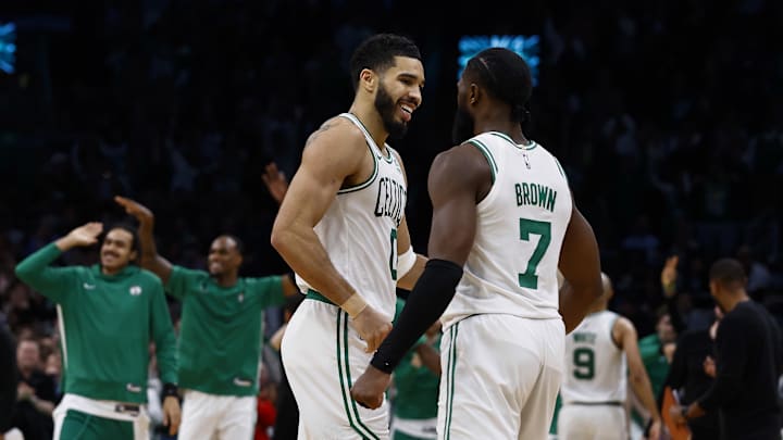 Jan 10, 2024; Boston, Massachusetts, USA; Boston Celtics forward Jayson Tatum (0) and guard Jaylen
