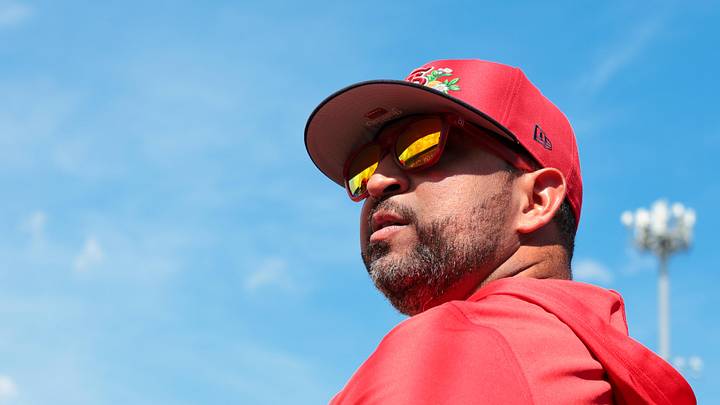 Feb 27, 2026; Jupiter, Florida, USA;  St. Louis Cardinals manager Oliver Marmol (37) looks on from the dugout before the game against the New York Mets at Roger Dean Chevrolet Stadium. Mandatory Credit: Sam Navarro-Imagn Images