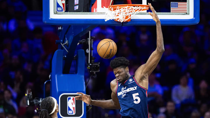 Mar 27, 2024; Philadelphia, Pennsylvania, USA; Philadelphia 76ers center Mo Bamba (5) dunks the ball against the LA Clippers during the third quarter at Wells Fargo Center. Mandatory Credit: Bill Streicher-Imagn Images
